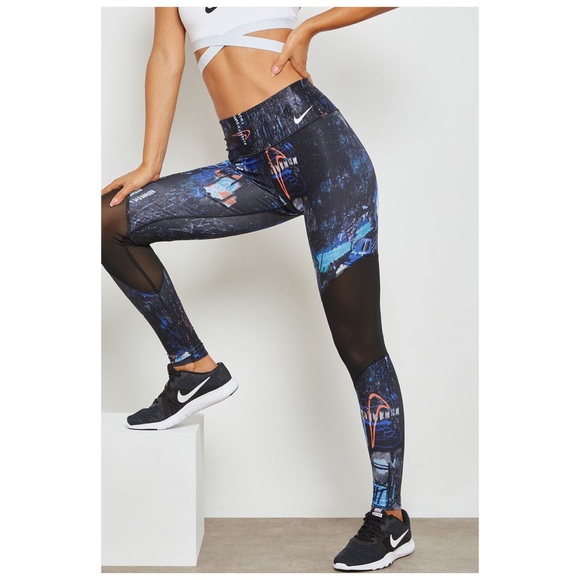nike training power leggings in black print with mesh panels